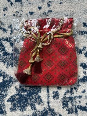 Traditional Red Drawstring Potli Bag with Gold Tassels - Bought in India